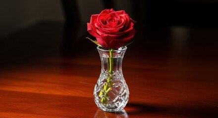 A single vibrant red rose elegantly displayed in a crystal clear vase on a polished wooden surface