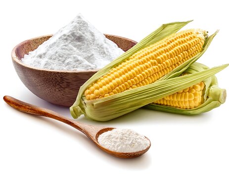 Isolated on a white background, corn starch in a wooden bowl and spoon with fresh sweet corn