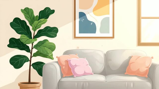 Cozy Living Room Scene with Fiddle Leaf Fig and Modern Art.