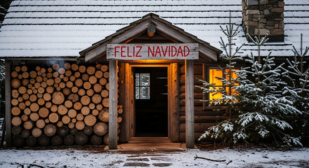 Cozy log cabin with holiday sign and snowy landscape in peaceful winter forest setting at dusk