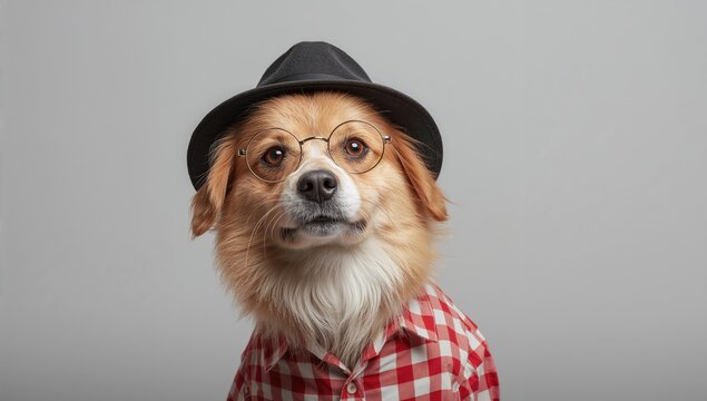Stylish dog dressed in checkered shirt and black hat, showcasing a trendy look, fashion awareness day