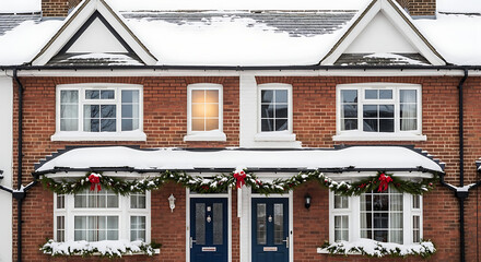 Charming brick houses with snow covered roofs and festive holiday decorations on the front view