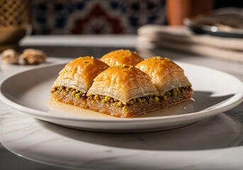 Delicious traditional Turkish baklava dessert with pistachio on a white plate