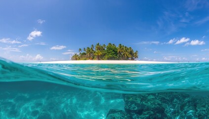 Isolated island surrounded by snow, highlighting seasonal change