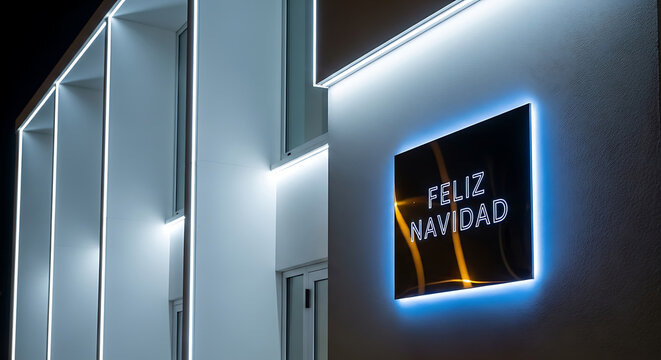 Illuminated minimalist building with feliz navidad sign glowing against a dark night sky - Powered by Adobe