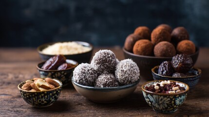 assortment of energy balls with dates, cocoa, coconut, and nuts, displayed in small bowls, cozy natural lighting, healthy sweets concept