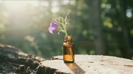 A delicate purple flower in an amber essential oil bottle on a rustic tree stump, bathed in soft sunlight, symbolizing natural wellness and organic beauty.