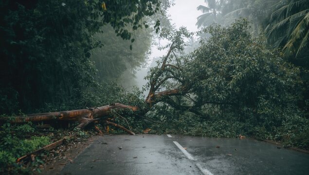 Blurred image of fallen trees blocking a pavement, urban erosion risk, Climate Change