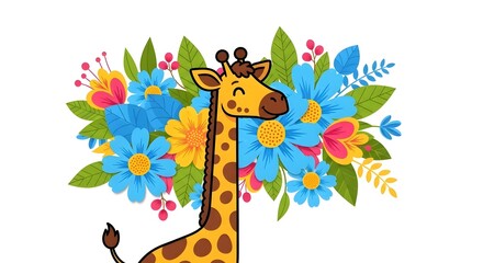 Cheerful cartoon giraffe surrounded by vibrant flowers, ideal for children's decor or educational use