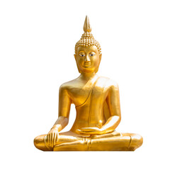 Golden Buddha statue in meditation pose isolated on white background with clipping path,...