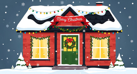 Festive red house decorated with lights and wreaths surrounded by snow and falling snowflakes