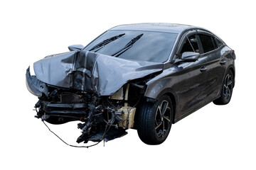 Full body front and side view of black car get damaged by accident on the road. damaged cars after...