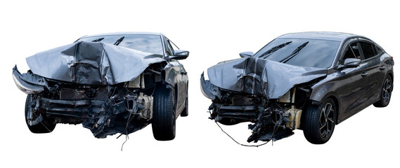 Car crash, Front and Side view of black sedan car get damaged by accident on the road. damaged cars...