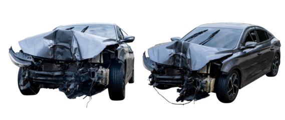 Car crash, Front and Side view of black sedan car get damaged by accident on the road. damaged cars after collision. isolated on transparent background,car crash bumper for graphic design