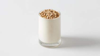 Glass of oat milk with grains on a white background, fiber-dense choice