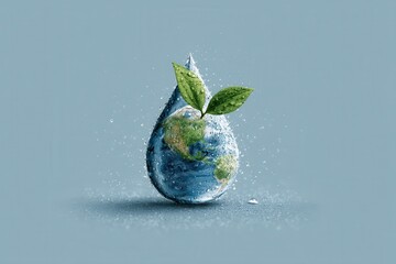 Sustainable earth concept featuring water drop with leaves and planetary imagery