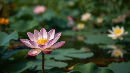 Obraz premium Blooming pink lotus flowers in a serene pond, suitable for a peaceful backdrop