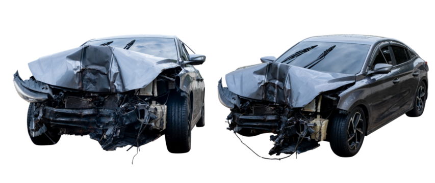 Car crash, Front and Side view of black sedan car get damaged by accident on the road. damaged cars after collision. isolated on transparent background,car crash bumper for graphic design