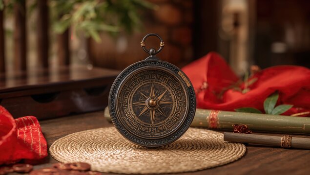 Antique Chinese feng shui compass on home design backdrop, utilized for prosperity in traditional property design