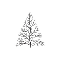 Black Color Modern Twig Christmas Tree Silhouette Vector Illustration, Solid White Background.
