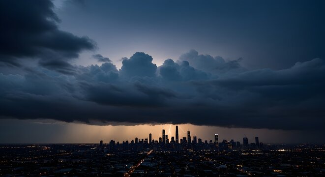 Lightning over city skyline - Powered by Adobe