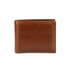 A close up shot of a brown leather wallet isolated on a white background surface