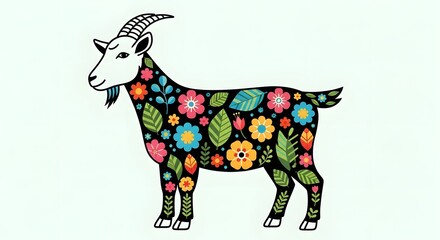Colorful floral-patterned goat illustration on a light background, showcasing artistic design elements