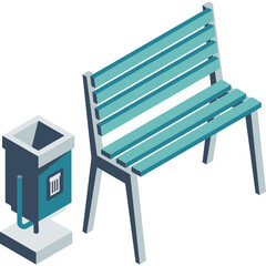 Teal Park Bench and Trash Can With Transparent Background In An Isometric Perspective