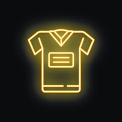 Neon sign of a t shirt with blank name tag glowing on a black background