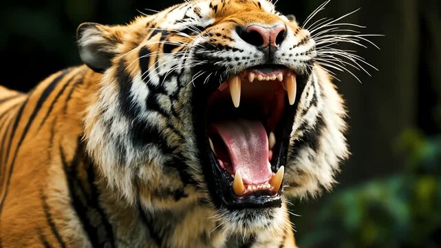 Powerful Bengal tiger roaring aggressively in the jungle.