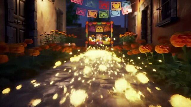 D?a de Los Muertos: Luminous Marigold Petals form a guiding spiritual path on a traditional Mexican street towards a vibrant Ofrenda, capturing the essence of night celebration.