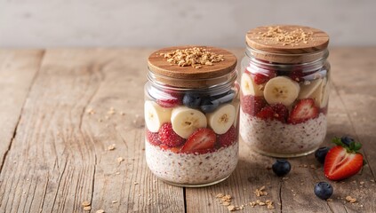 Glass jars filled with overnight oats and bircher muesli topped with fresh berries and fruits on a rustic wooden surface. Empty space for text.