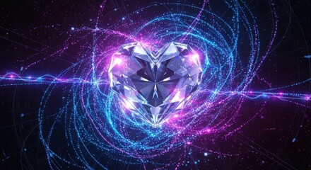 Captivating abstract digital heart glowing amidst vibrant swirling light trails and cosmic particle effects, symbolizing love, passion, and advanced technology