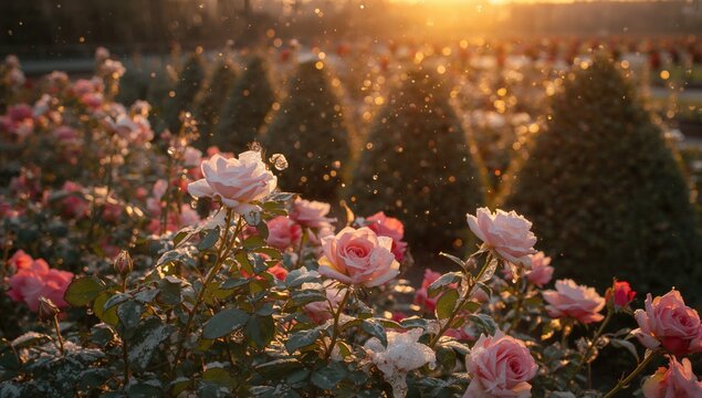 Snow melting around blooming roses in a garden bed. Early spring rose bushes with melting frost. - Powered by Adobe