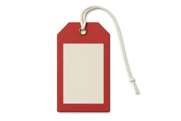 Red cardboard label with a blank white area and string, perfect for marking prices, gifts, or sales. Transparent background