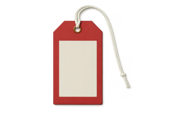 Red cardboard label with a blank white area and string, perfect for marking prices, gifts, or sales. Transparent background