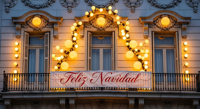 Festive holiday lights surrounding balcony with feliz navidad sign in elegant decorative setting