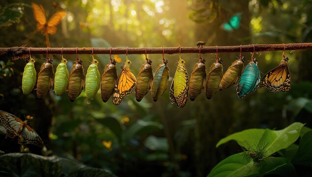 Newly emerged butterflies lined up with their cocoons