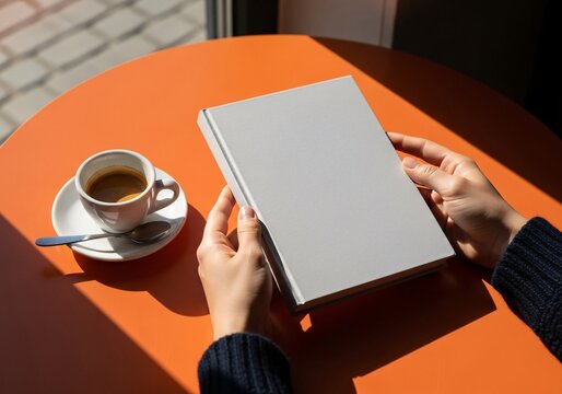 Woman's hands holding a blank white book cover at a sunlit cafe table with espresso