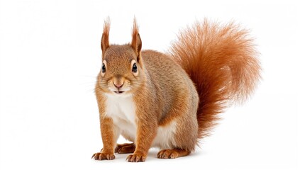Fototapeta premium A red squirrel with an upright tail stares intently forward, displaying a classic alert stance, gazing curiously at the camera against a plain white background.