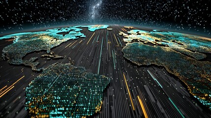 Global network connectivity digital earth globe with data streams against cosmic backdrop