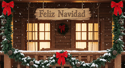 Rustic holiday porch with garland and feliz navidad sign in snowy winter setting at wooden cabin