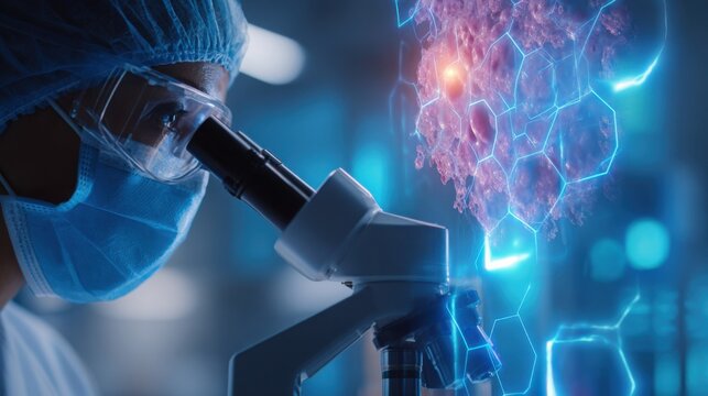 close up of scientist observing cells through a microscope with holographic interface overlay, modern bio lab atmosphere, neon blue accents - Powered by Adobe