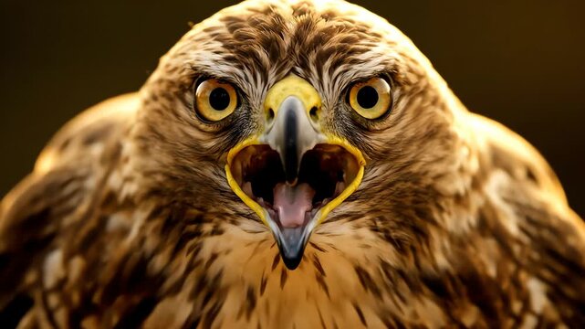 Close-up of a majestic hawk with its beak open, showcasing its intense gaze and powerful presence.