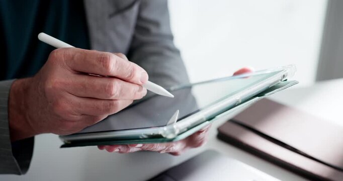 Pen, hands and businessman with tablet in company to scroll compliance report, email or schedule. Tech, person and consultant in office with stylus for policy review, regulation research or project