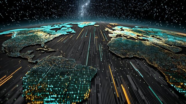Global network connectivity digital earth globe with data streams against cosmic backdrop