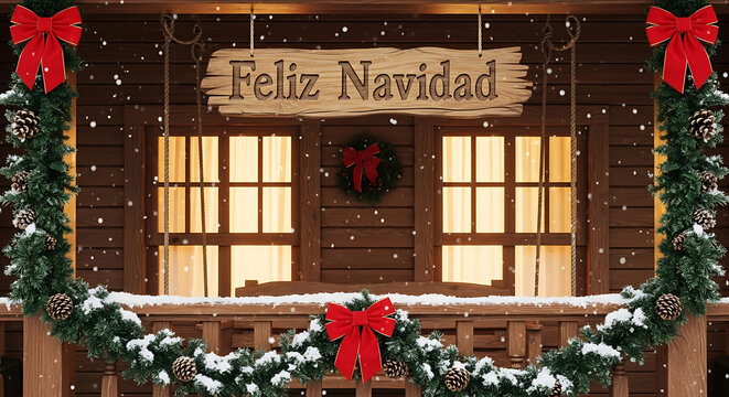 Rustic holiday porch with garland and feliz navidad sign in snowy winter setting at wooden cabin