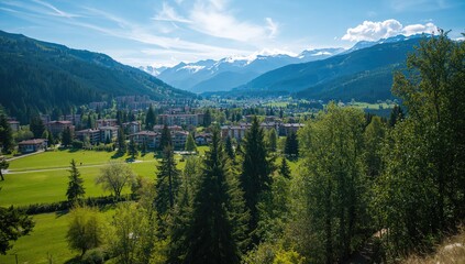 Fototapeta premium Aerial perspective of a vibrant resort area, showcasing hotels and trees beneath a clear blue sky, highlighting leisure activities