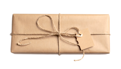 Brown gift package with tag and twine with transparent background