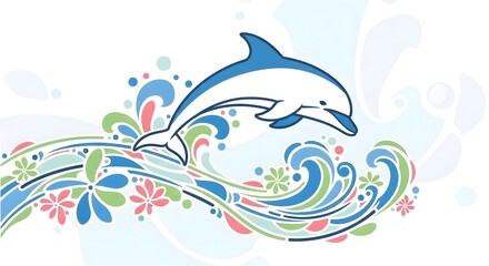 Colorful dolphin swimming through vibrant ocean waves adorned with floral patterns and swirls